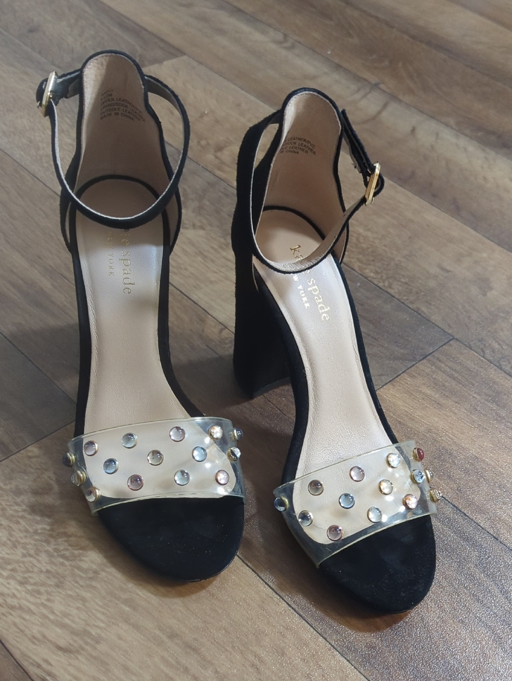 kate spade Black Block Heel Sandals with Clear Studded Strap